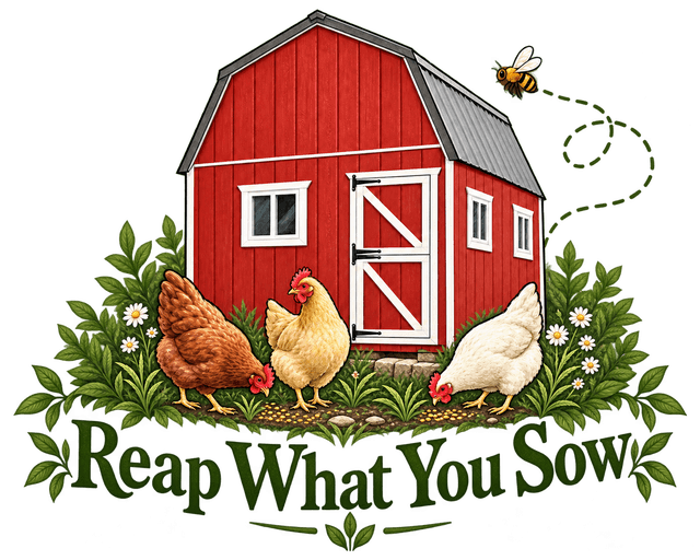Reap What You Sow: a red barn with three chickens and a bee